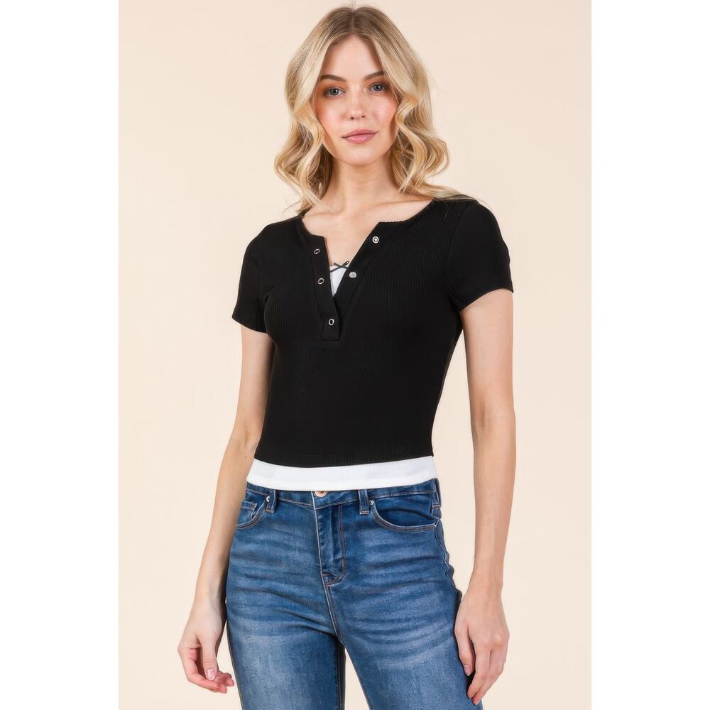 HackleBee | Black/Soft White Layers With Bow Detail Short Sleeve Top Size S,M,L